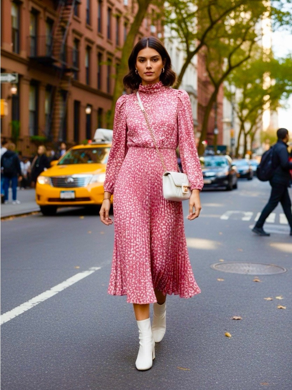 Long-Sleeve Pink/bluePleated Midi Dress with Subtle Animal Print-M